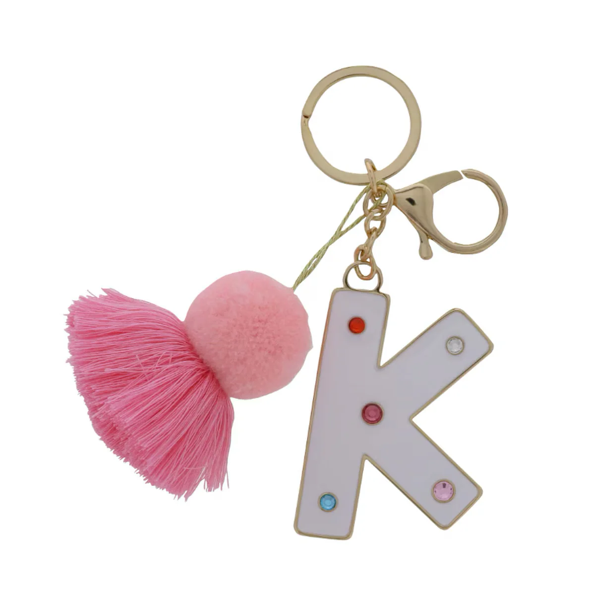 WHITE ENAMEL LETTER WITH MULTI CRYSTALS & POM TASSEL KEYCHAIN - Image 10