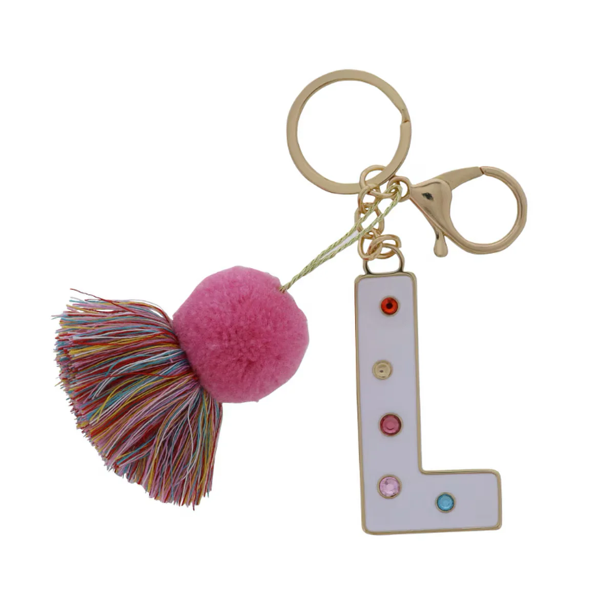 WHITE ENAMEL LETTER WITH MULTI CRYSTALS & POM TASSEL KEYCHAIN - Image 11