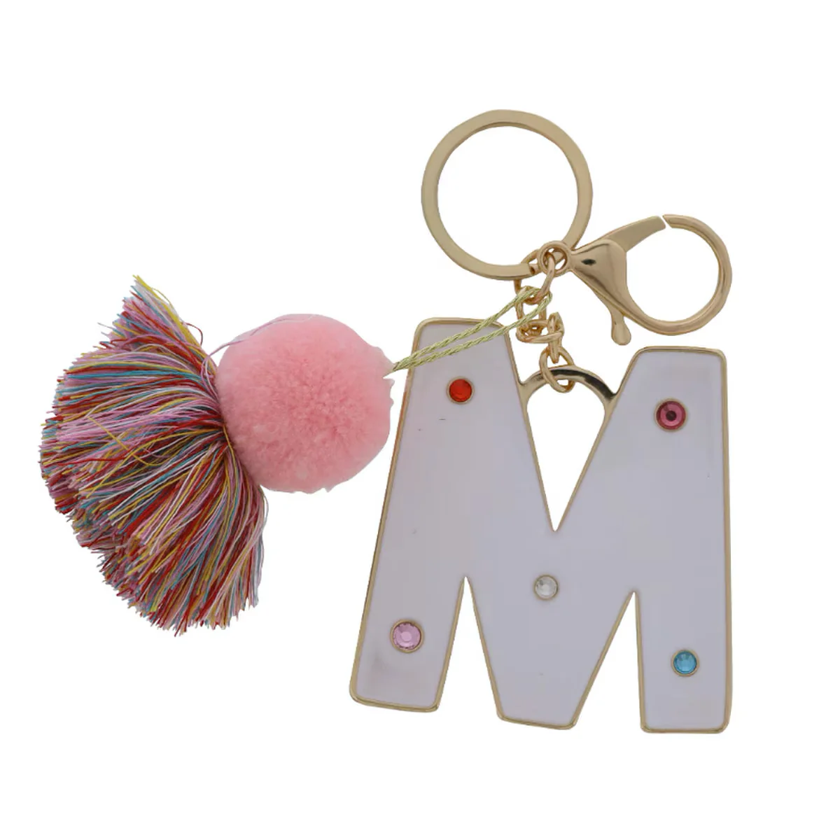 WHITE ENAMEL LETTER WITH MULTI CRYSTALS & POM TASSEL KEYCHAIN - Image 12
