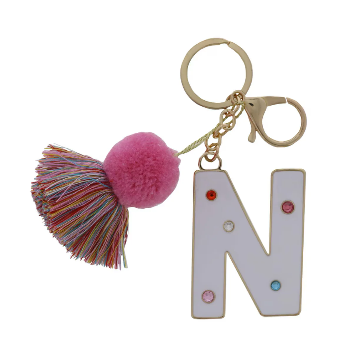 WHITE ENAMEL LETTER WITH MULTI CRYSTALS & POM TASSEL KEYCHAIN - Image 13