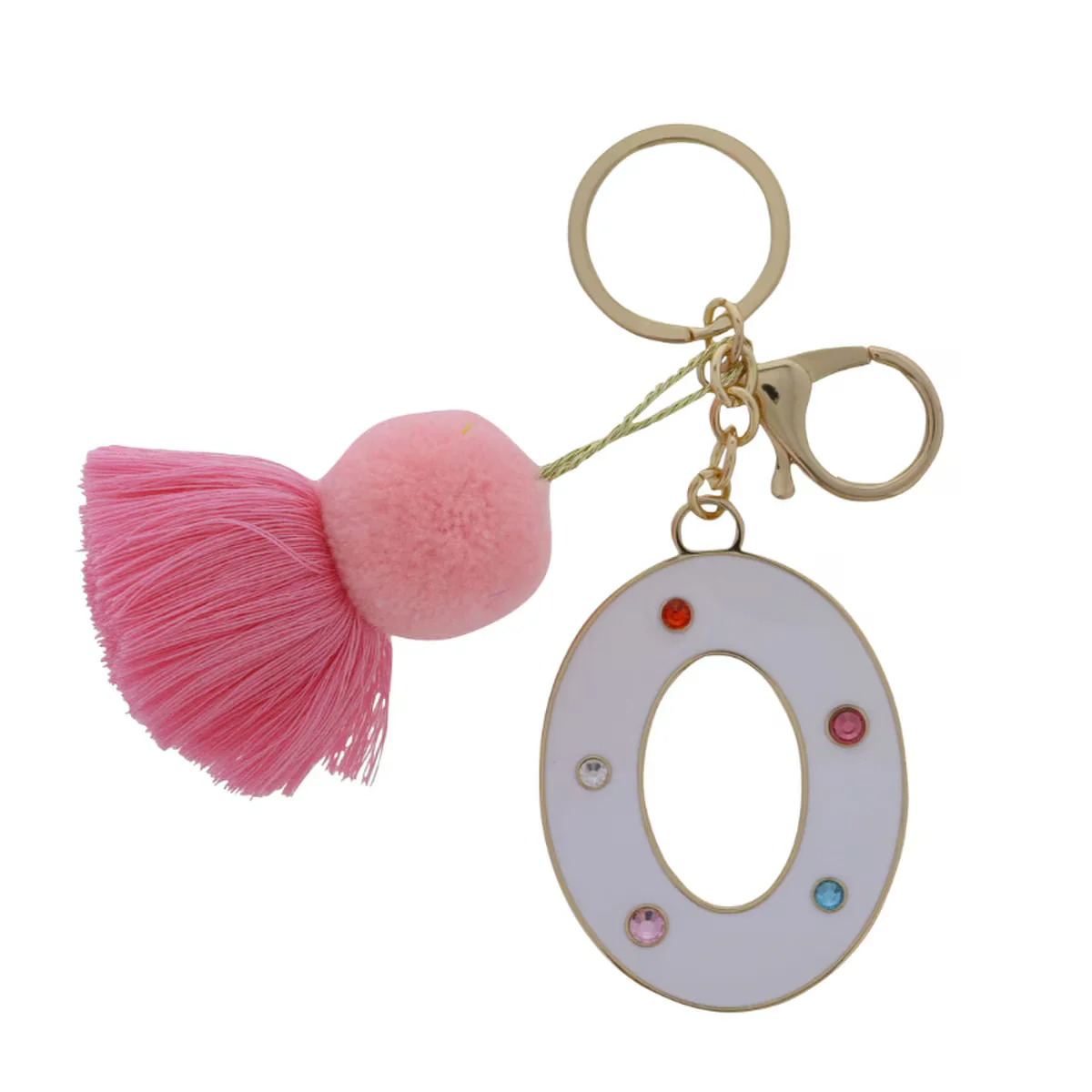 WHITE ENAMEL LETTER WITH MULTI CRYSTALS & POM TASSEL KEYCHAIN - Image 14