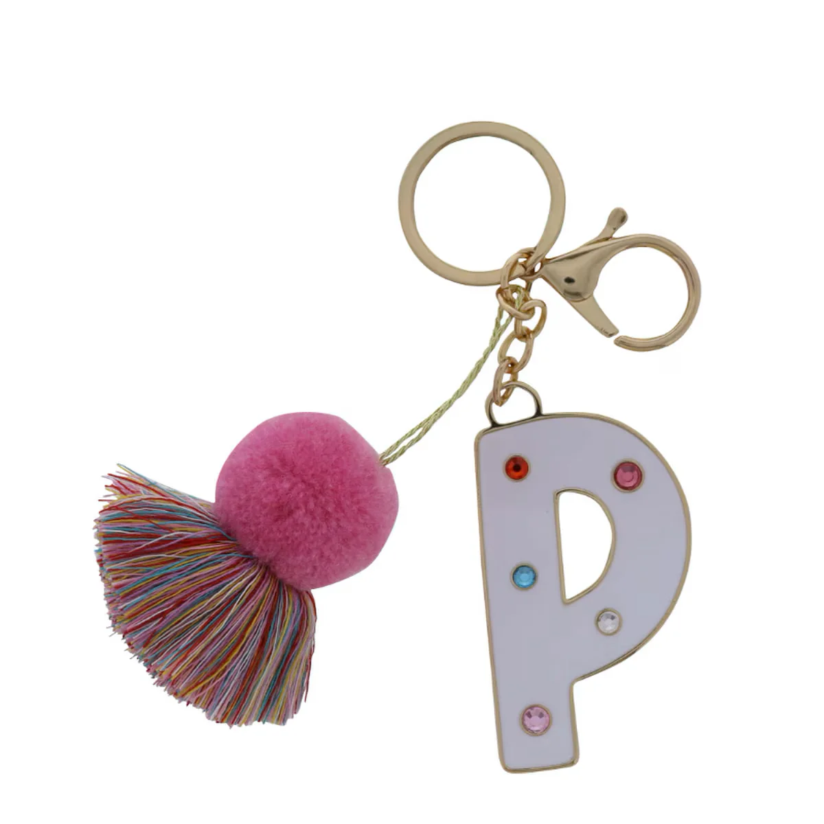 WHITE ENAMEL LETTER WITH MULTI CRYSTALS & POM TASSEL KEYCHAIN - Image 15
