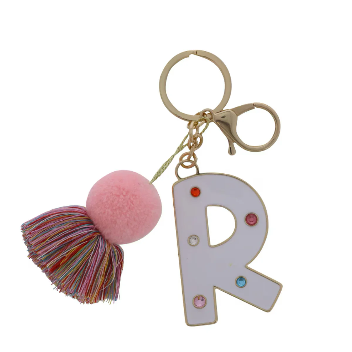 WHITE ENAMEL LETTER WITH MULTI CRYSTALS & POM TASSEL KEYCHAIN - Image 16