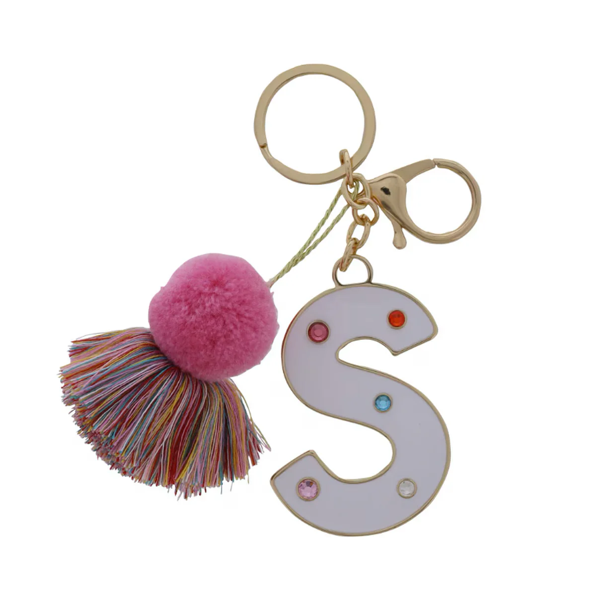 WHITE ENAMEL LETTER WITH MULTI CRYSTALS & POM TASSEL KEYCHAIN - Image 17