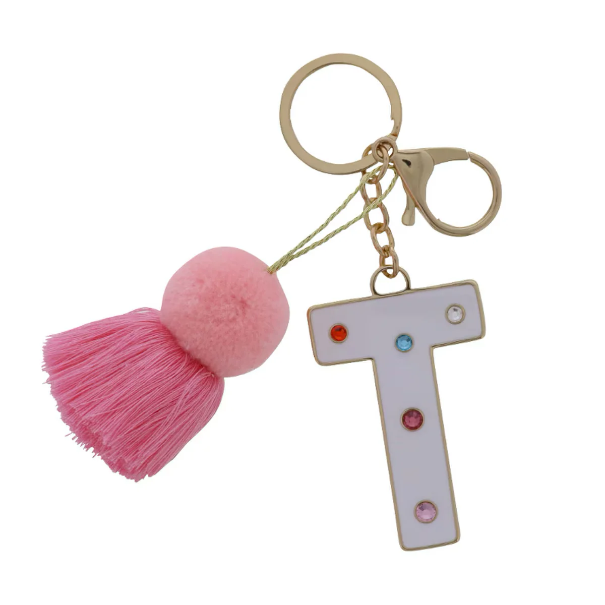 WHITE ENAMEL LETTER WITH MULTI CRYSTALS & POM TASSEL KEYCHAIN - Image 18