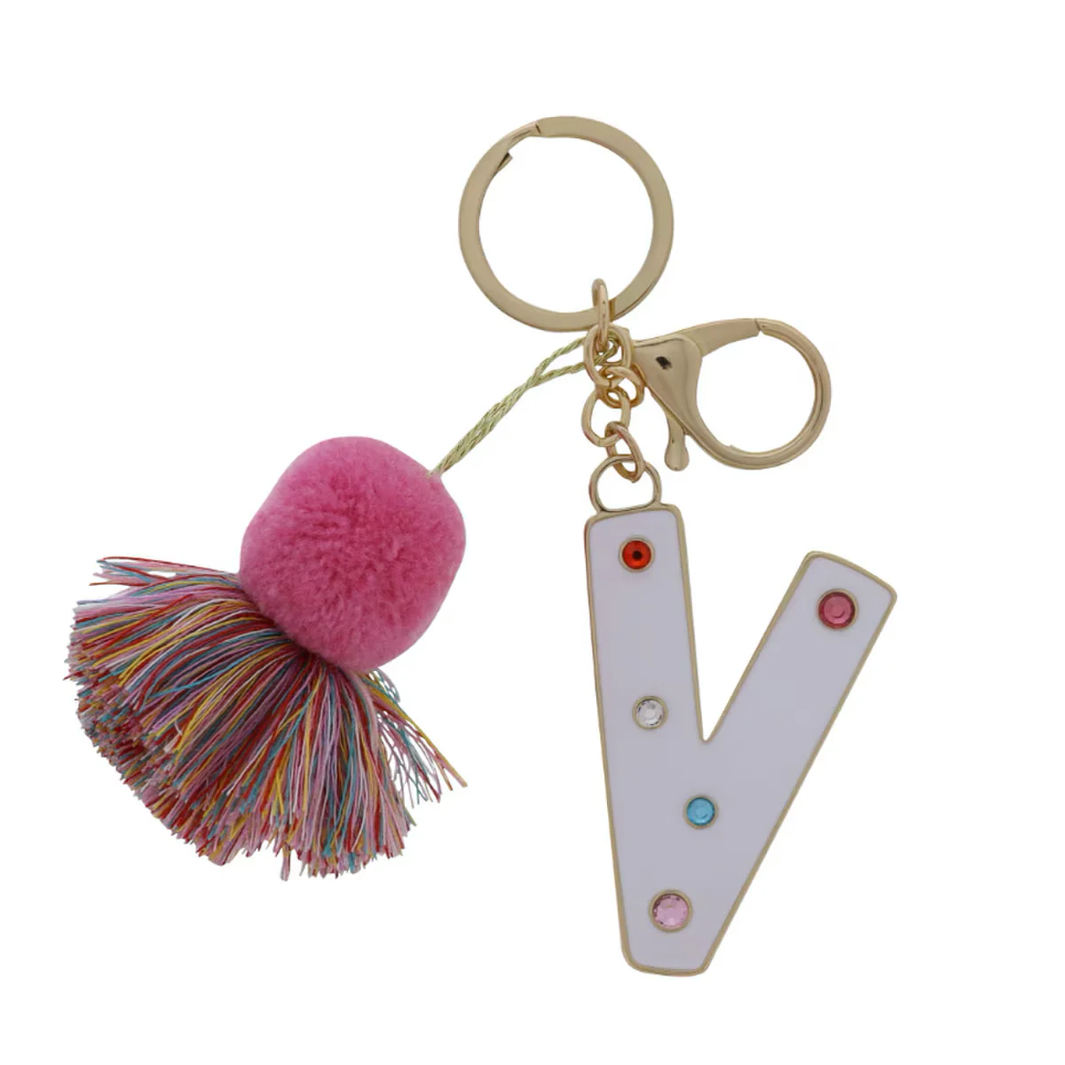 WHITE ENAMEL LETTER WITH MULTI CRYSTALS & POM TASSEL KEYCHAIN - Image 19