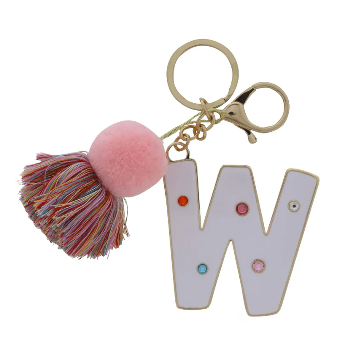 WHITE ENAMEL LETTER WITH MULTI CRYSTALS & POM TASSEL KEYCHAIN - Image 20