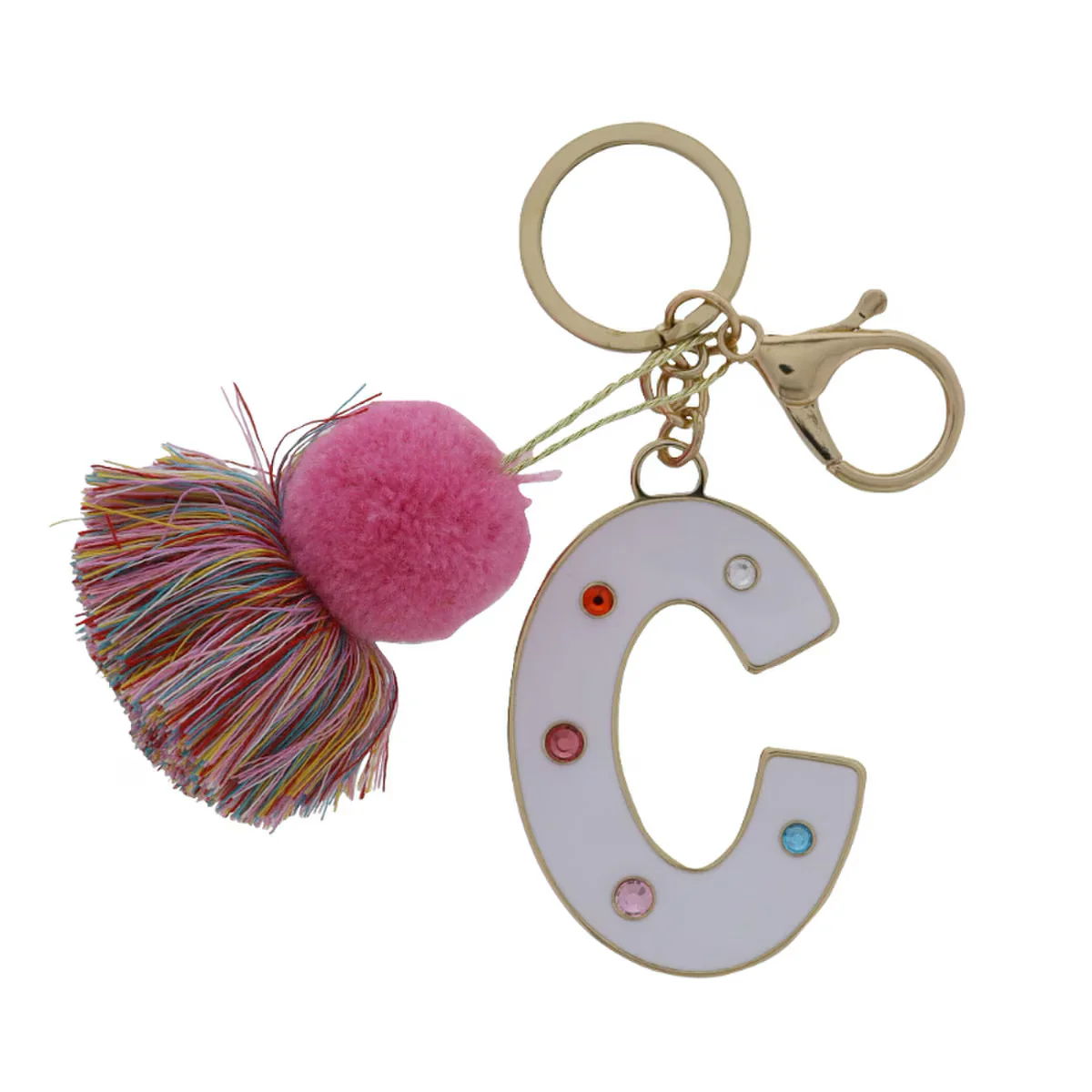 WHITE ENAMEL LETTER WITH MULTI CRYSTALS & POM TASSEL KEYCHAIN - Image 3