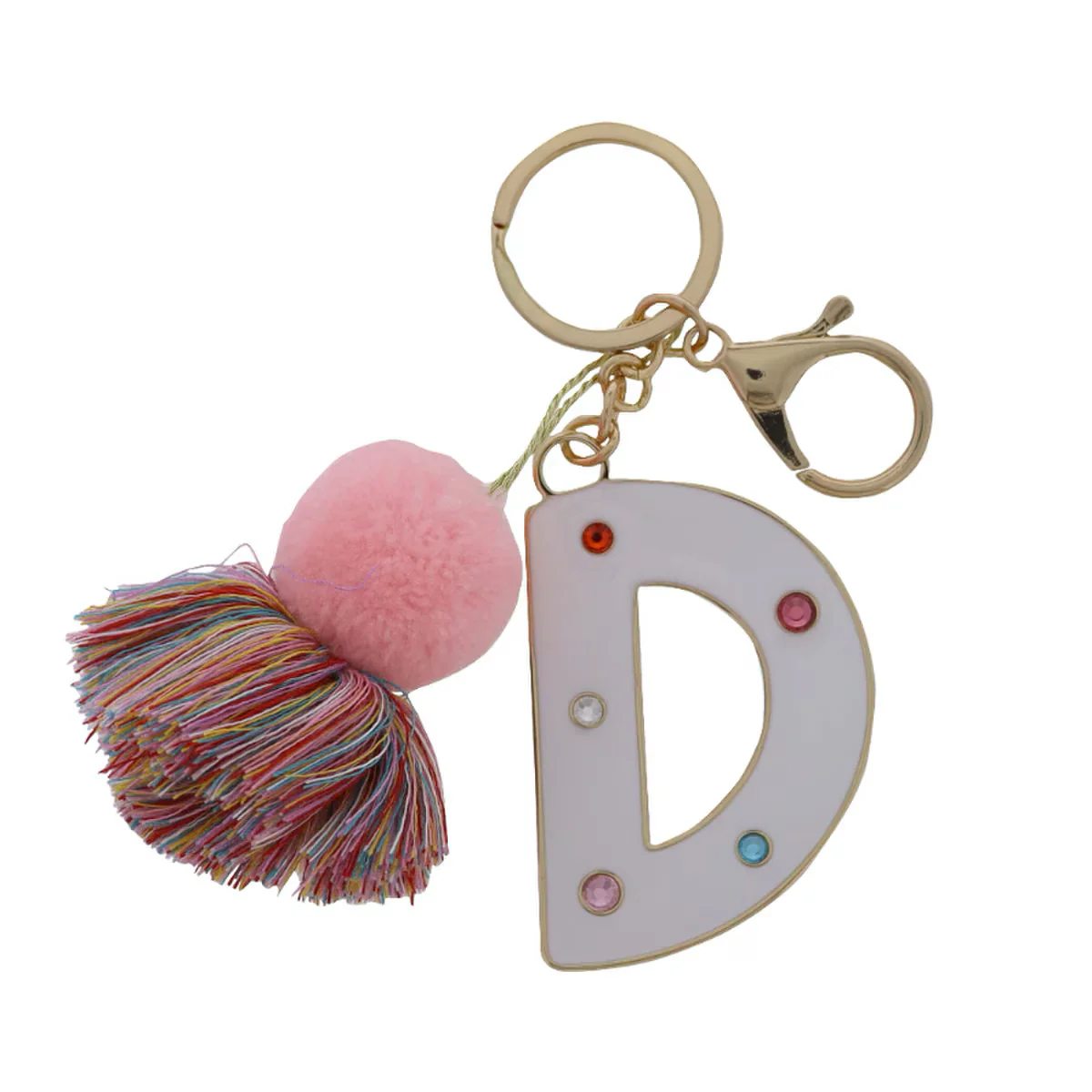 WHITE ENAMEL LETTER WITH MULTI CRYSTALS & POM TASSEL KEYCHAIN - Image 4