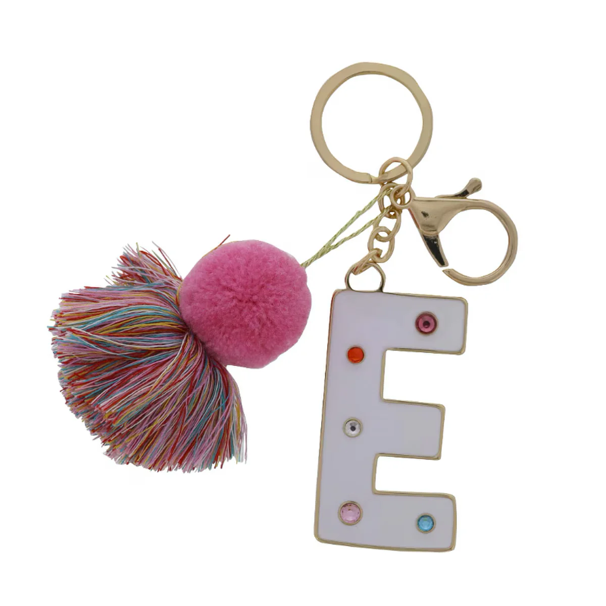 WHITE ENAMEL LETTER WITH MULTI CRYSTALS & POM TASSEL KEYCHAIN - Image 5