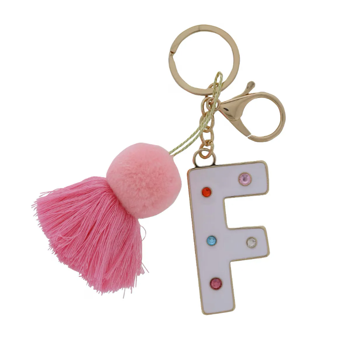 WHITE ENAMEL LETTER WITH MULTI CRYSTALS & POM TASSEL KEYCHAIN - Image 6