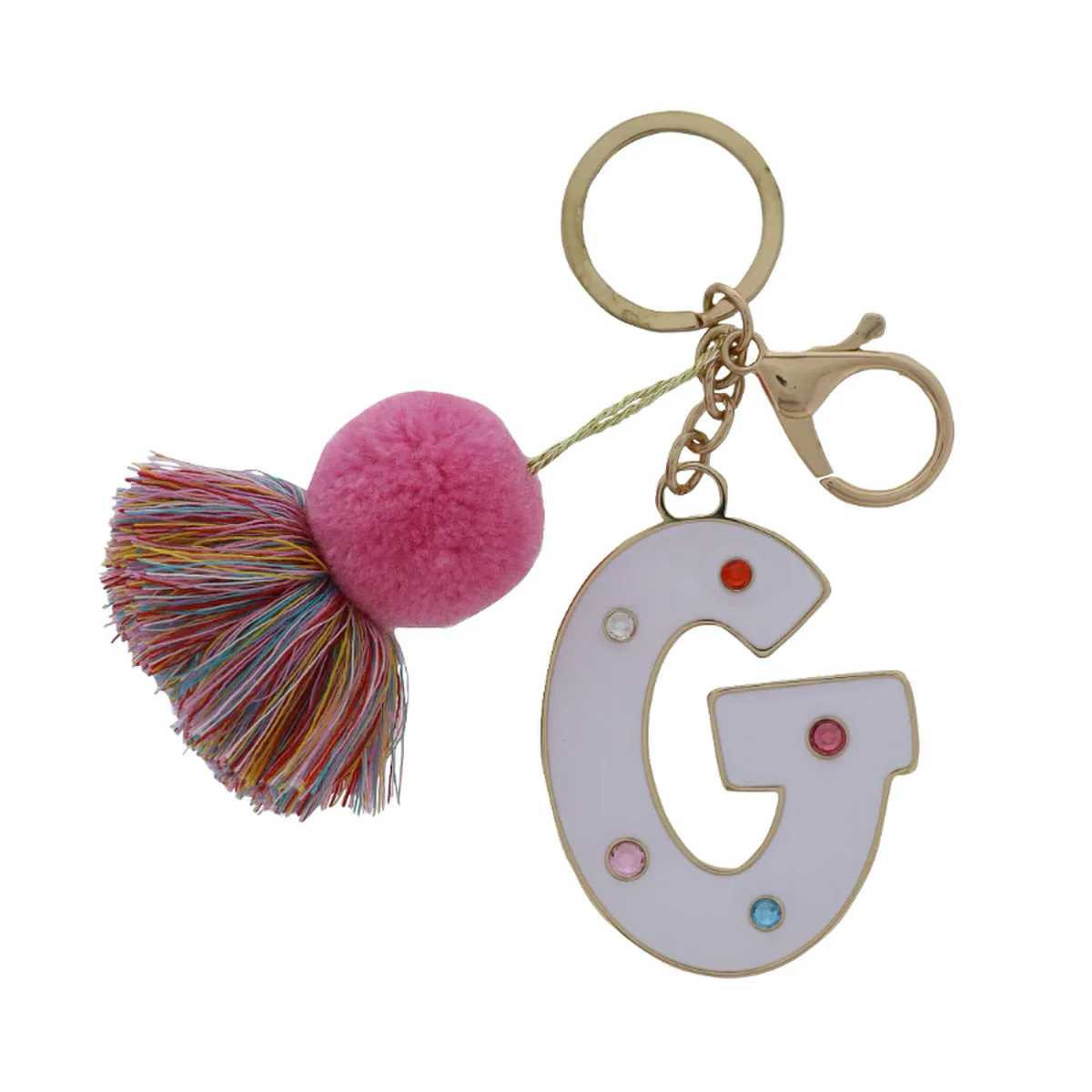 WHITE ENAMEL LETTER WITH MULTI CRYSTALS & POM TASSEL KEYCHAIN - Image 7