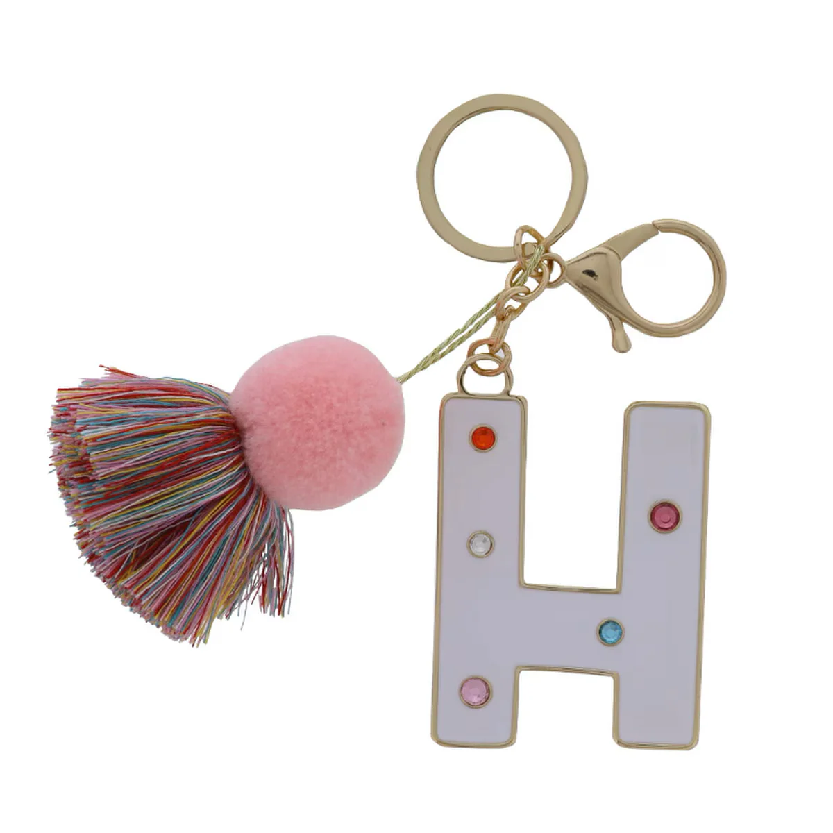 WHITE ENAMEL LETTER WITH MULTI CRYSTALS & POM TASSEL KEYCHAIN - Image 8