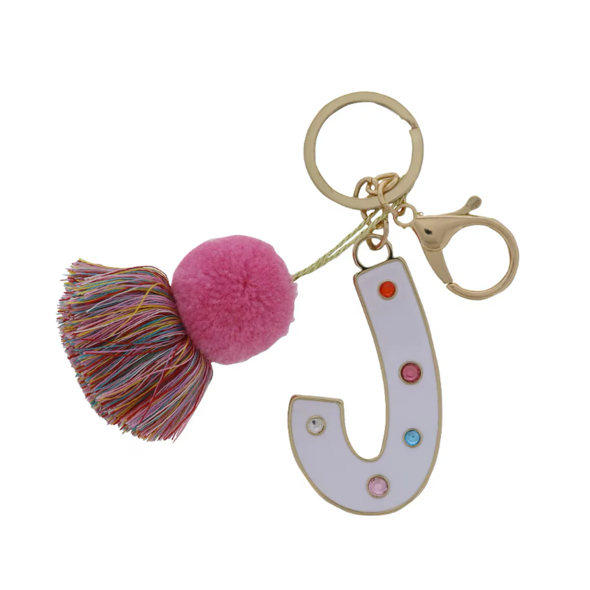 WHITE ENAMEL LETTER WITH MULTI CRYSTALS & POM TASSEL KEYCHAIN - Image 9
