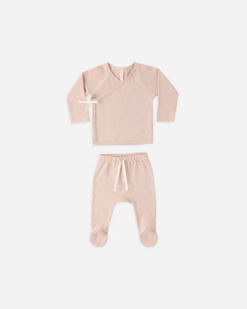 Quincy Mae Wrap Top + Footed Pant Set || Melon Micro Stripe - Image 2