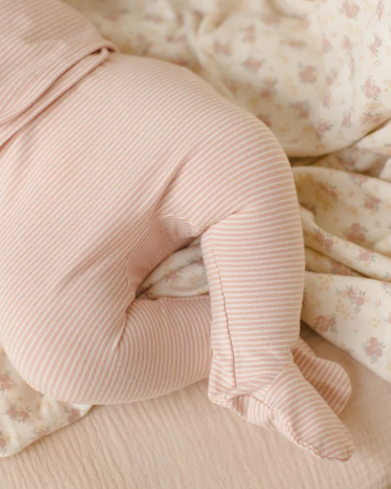 Quincy Mae Wrap Top + Footed Pant Set || Melon Micro Stripe - Image 6