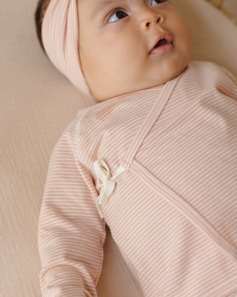 Quincy Mae Wrap Top + Footed Pant Set || Melon Micro Stripe - Image 7